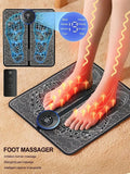 Foot massager mat with glowing effects on feet, showing massage action.