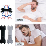 Before and after comparison of a man using a nasal strip, with product packaging on the side.