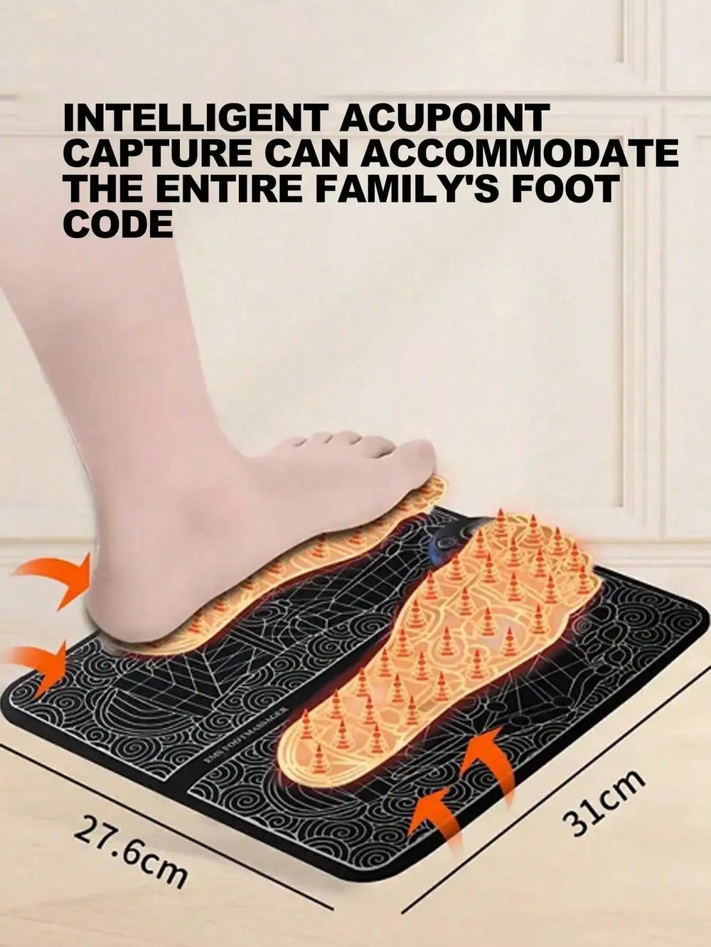 Foot mat with acupressure points being used, showing dimensions and text about intelligent acupoint capture.
