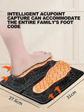 Foot mat with acupressure points being used, showing dimensions and text about intelligent acupoint capture.