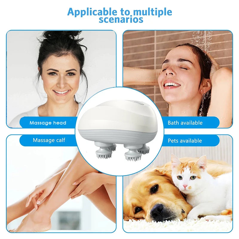 Product with massage head shown in various scenarios including a woman, dog, and cat.