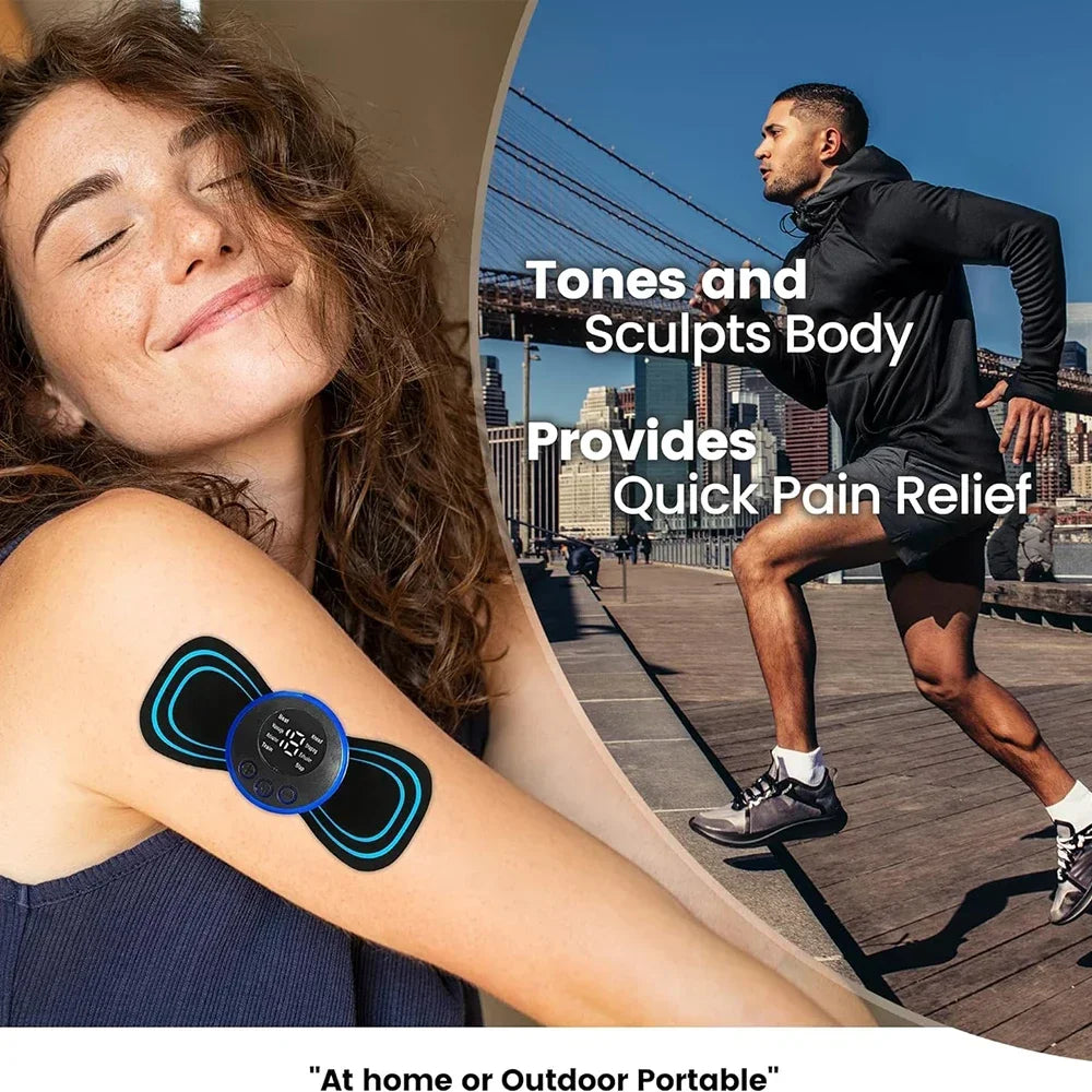 Woman with electronic device on arm and man running with text about product benefits.