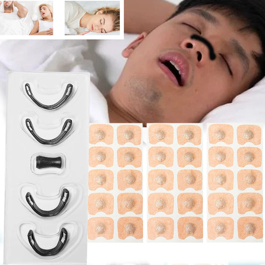 Man sleeping with mouth open, mouthguard packaging, and adhesive patches displayed.