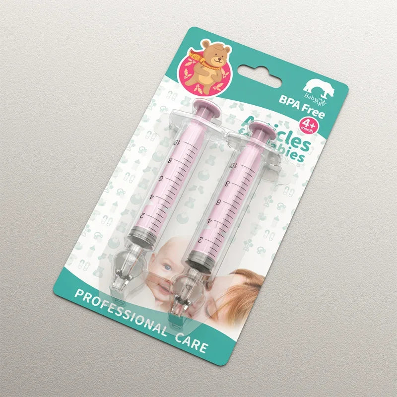 Two syringes in packaging with a teddy bear logo on a gray background