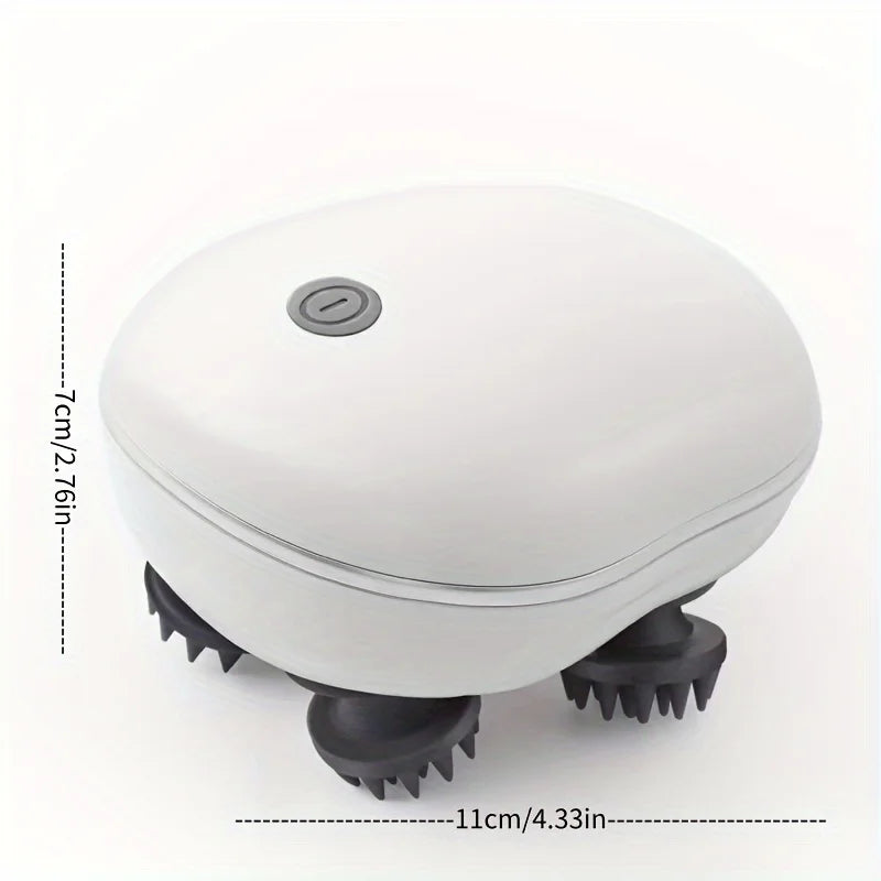 White handheld device with black bristles and measurement details on a white background