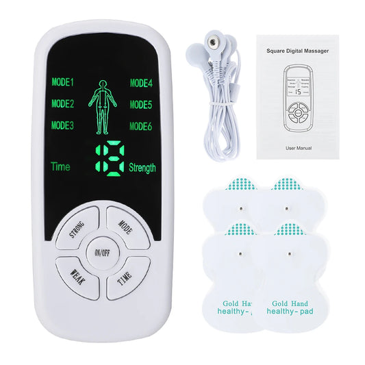 Digital massager with control panel, cables, and user manual on a white background