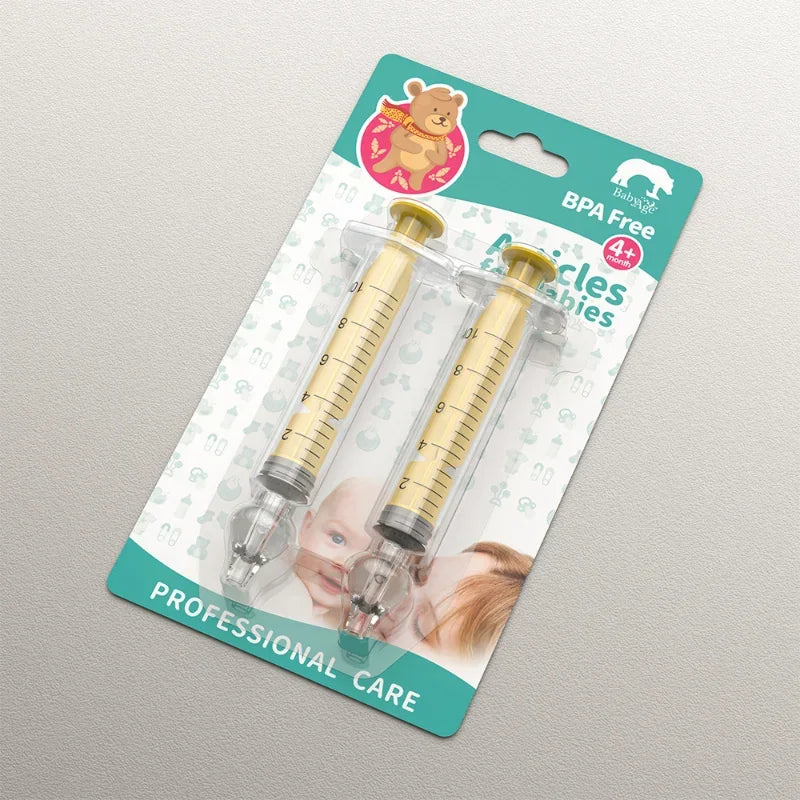 Two syringes in packaging with a teddy bear illustration on a gray background