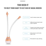 Baby nasal aspirator with features listed on a white background