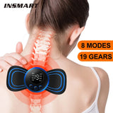 Person using a neck massager with visible branding and feature text on a white background