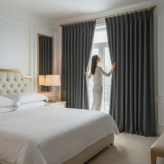 Woman adjusting thermal blackout curtains in a white and gold hotel room