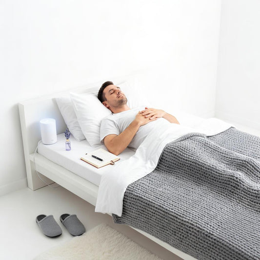 A man lies in a bright, white bedroom, asleep in bed under a grey knitted weighted blanket.