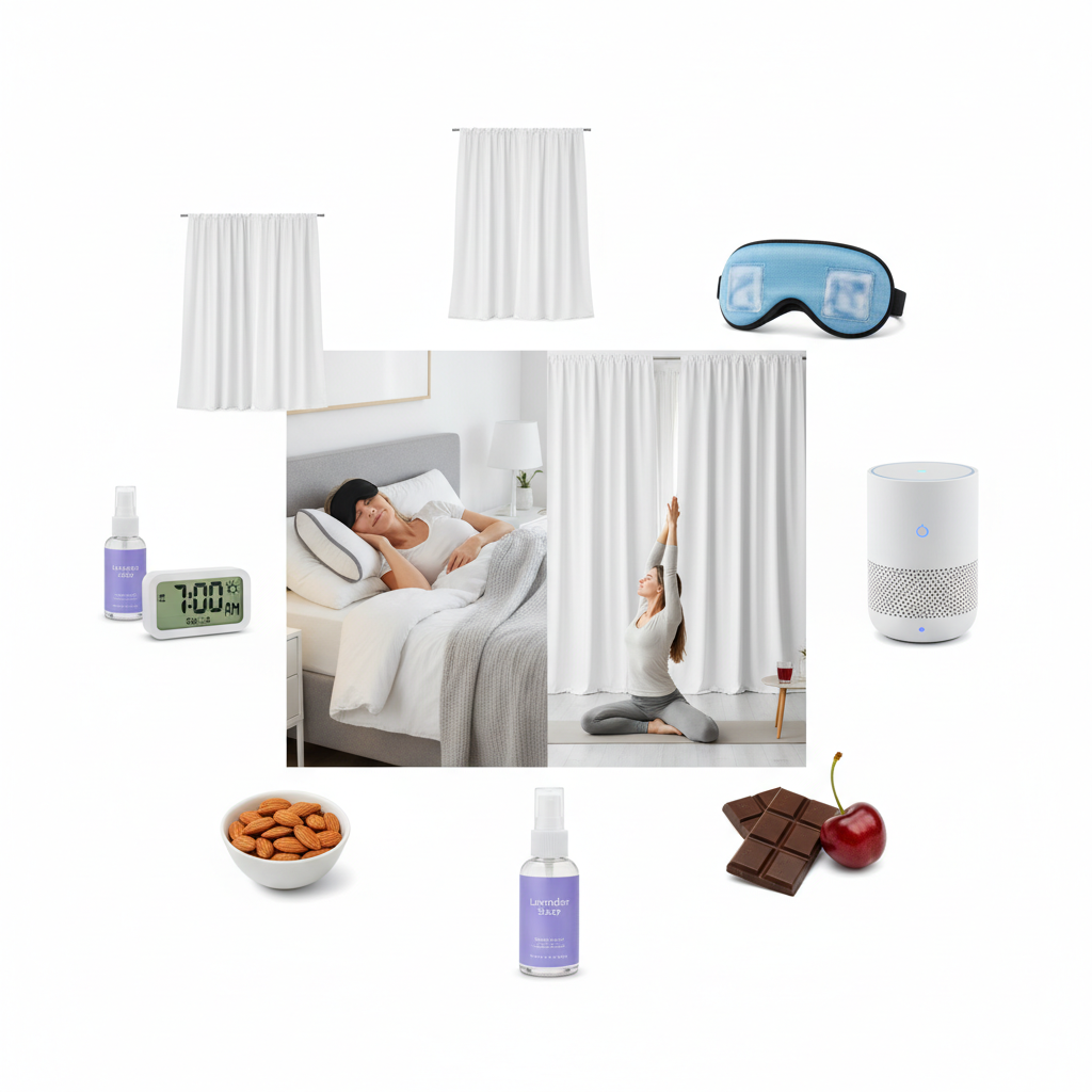 Around them are a spray, almonds, dark chocolate, a cherry, a sound machine, an alarm clock, and curtains