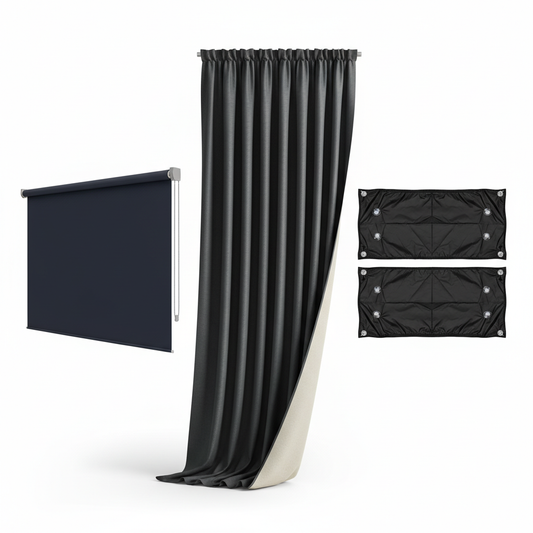 Dark room solutions: curtains, blinds, and portable options.