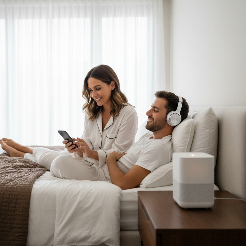 Smart sound machine setup beside a bed