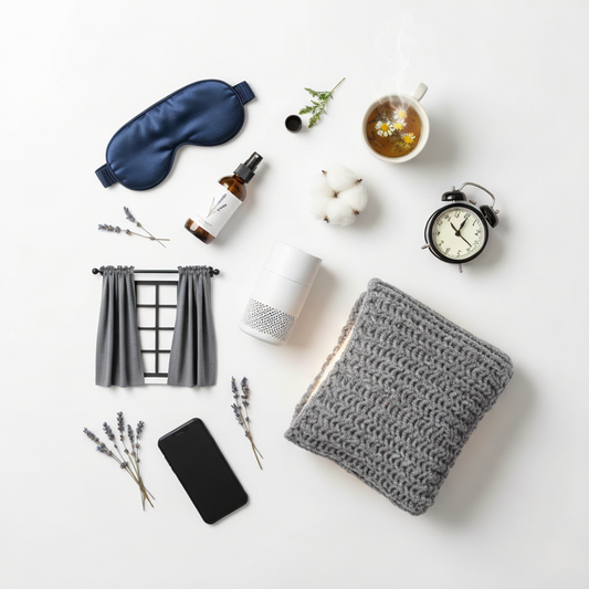 A flat lay of various sleep aids and relaxation items on a clean white background