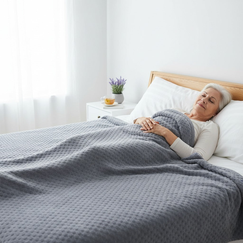 Seniors sleeping soundly with weighted blanket in bright bedroom