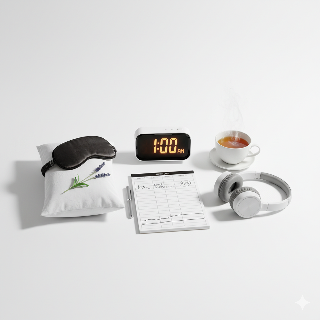 a white pillow with a black sleep mask and a sprig of lavender, a digital alarm clock