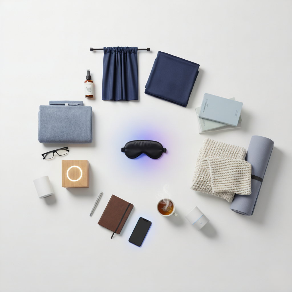 A flat lay image on a bright white background displays various sleep-related items
