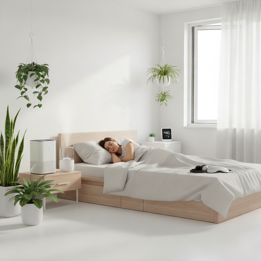 A bright, minimalist bedroom with white walls and light wood furniture