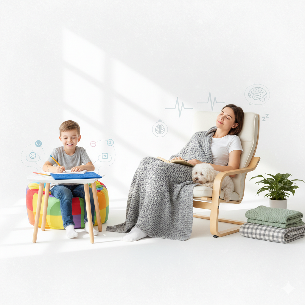 A child with ADHD happily drawing at a colorful desk next to his mother resting comfortably under a weighted blanket with her small dog