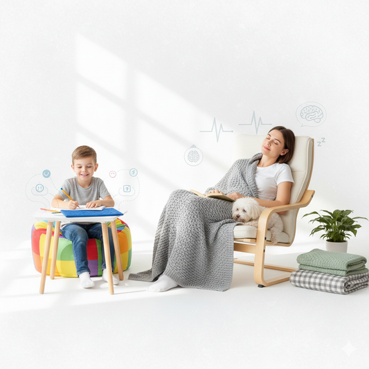 A child with ADHD happily drawing at a colorful desk next to his mother resting comfortably under a weighted blanket with her small dog