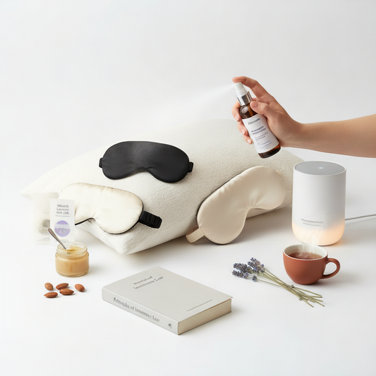 A flat lay of various natural sleep aids on a pristine white background