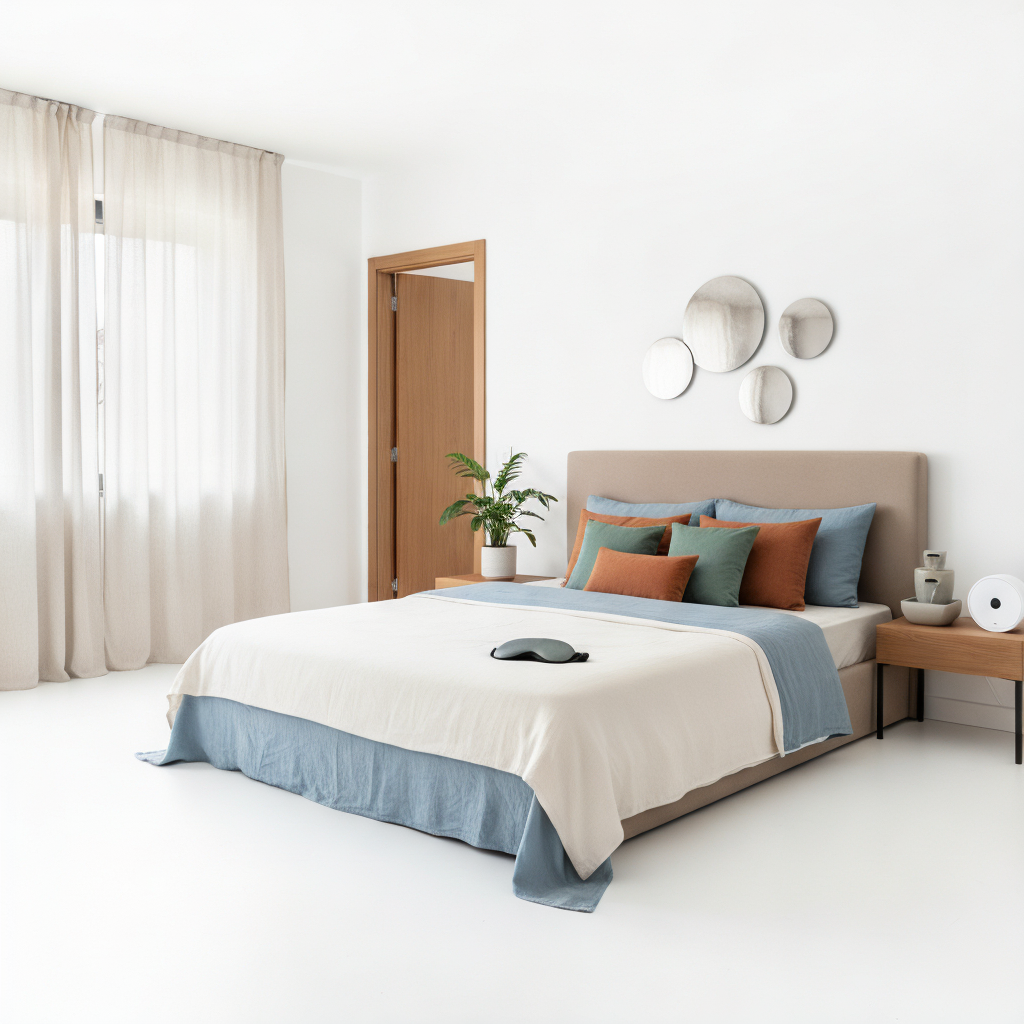 A bright, minimalist bedroom designed with Feng Shui principles, featuring a bed in the commanding position with a neutral headboard