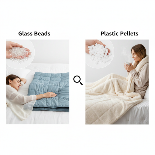 A split image comparing glass bead and plastic pellet weighted blankets