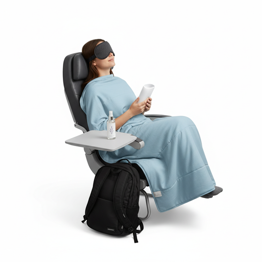 Young woman using travel blanket and eye mask to relax