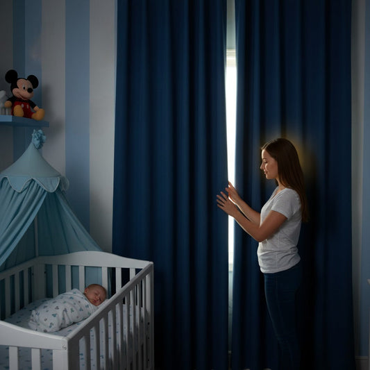 A mother drawing blue blackout curtains in a Disney-themed nursery