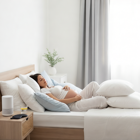 A pregnant woman sleeps peacefully on her side in a bright, minimalist bedroom
