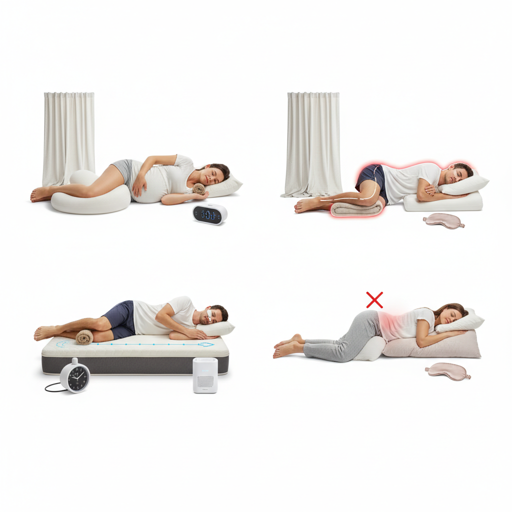 A collage of four images demonstrating different sleeping positions and their effects
