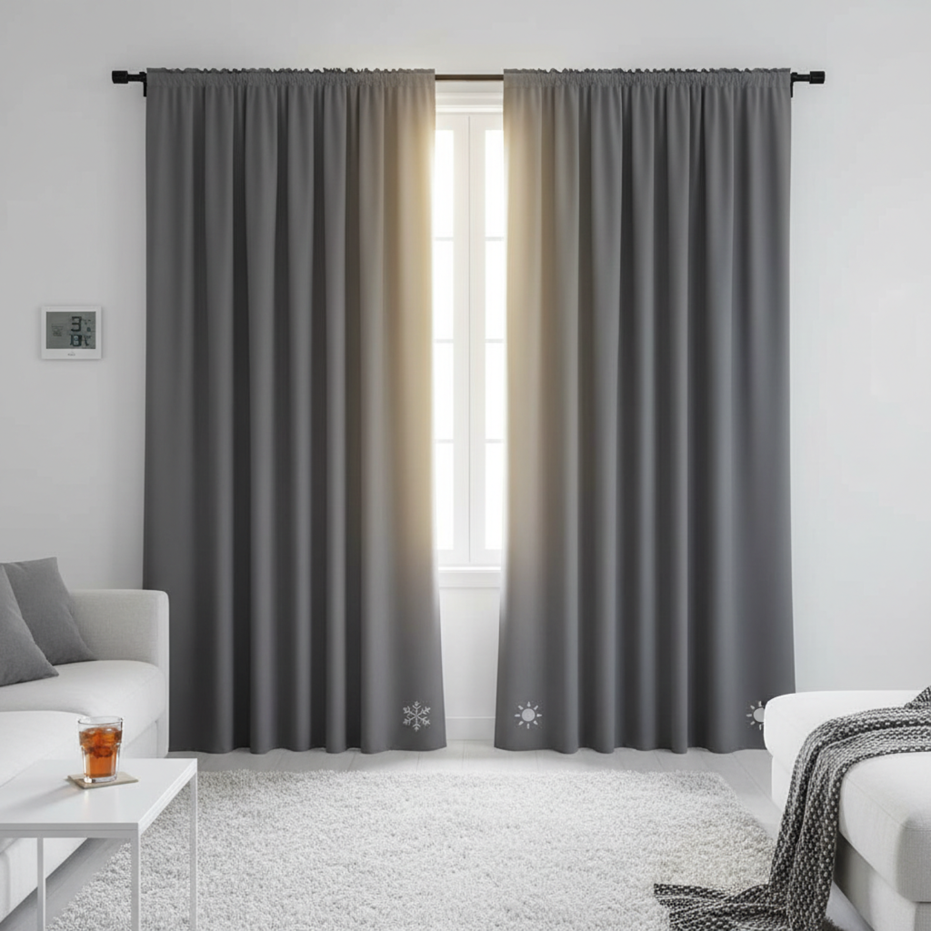 gray blackout curtains in white living room