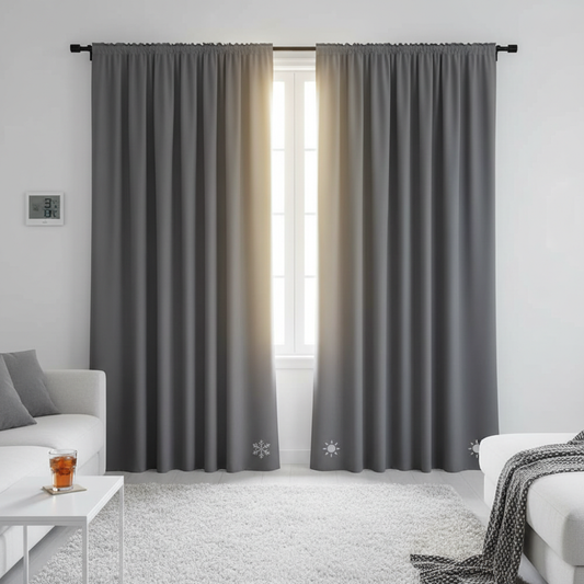 gray blackout curtains in white living room