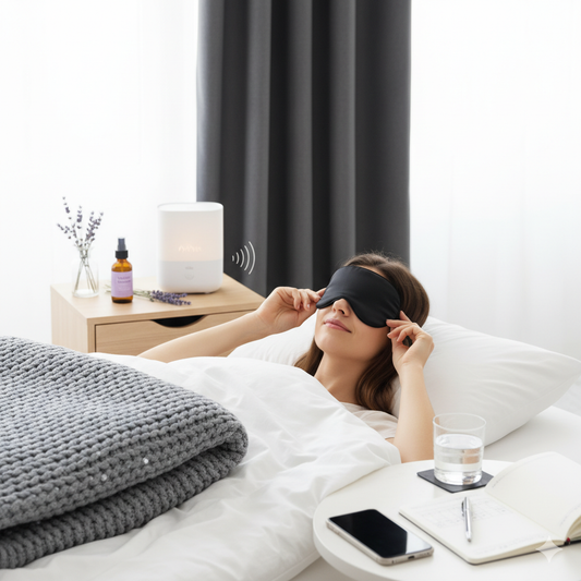 A person in a bright, clean bedroom lying in bed with a sleep mask on