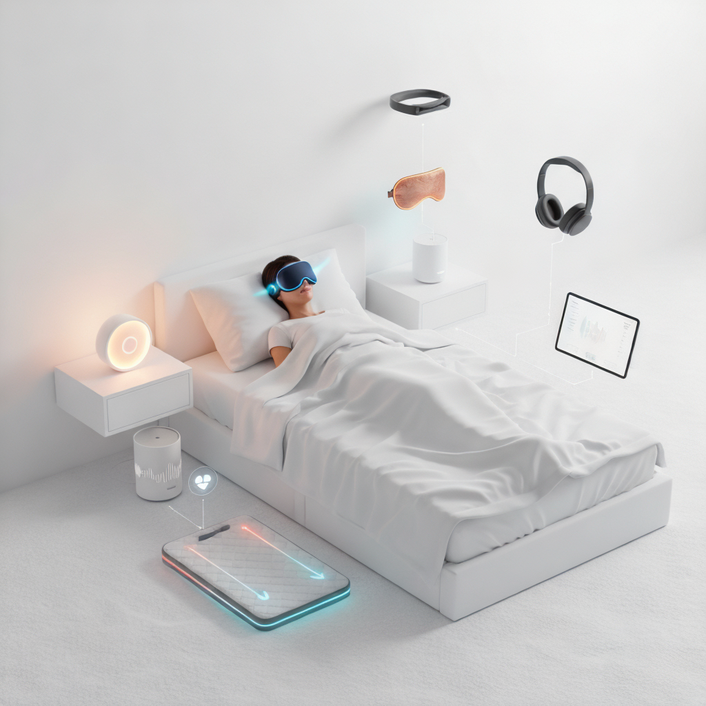 A woman sleeping soundly in a pristine white bedroom, surrounded by an ecosystem of glowing smart sleep technology devices.