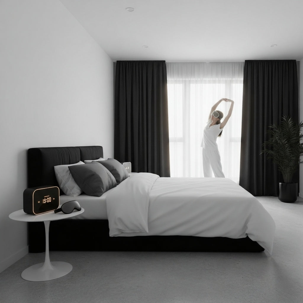 Bedroom with light-blocking curtains, white noise, wake-up light