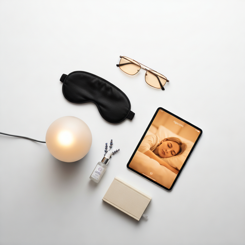 A flat lay of sleep-aid items