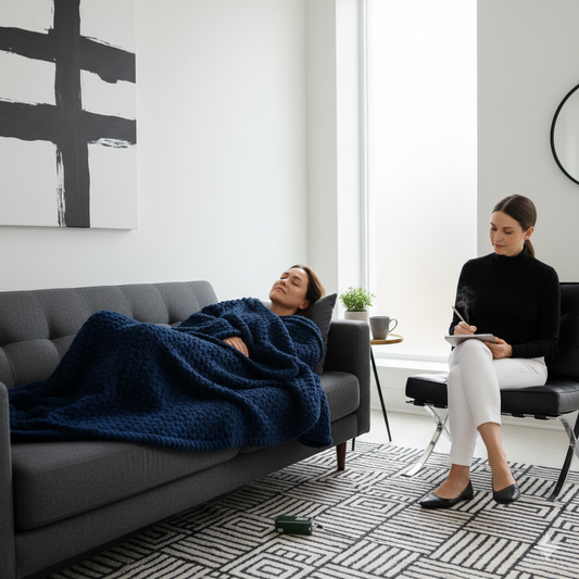 Woman with weighted blanket in therapy session