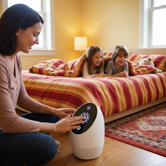 Mother setting white noise timer, kids playing in bed.