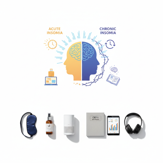 two profiles of a head split between yellow (Acute Insomnia) and blue (Chronic Insomnia), with distinct symbols (clock, suitcase, relaxed brain vs. perpetual cycle, thorns, anxious brain, CBT-I workbook