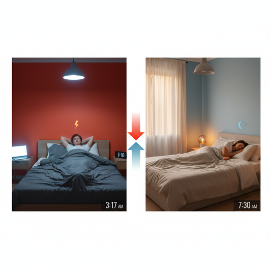 On the left, a person lies awake in a brightly lit red bedroom at 3:17 AM, looking restless with a lightning bolt symbol indicating agitation