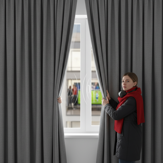 A woman using blackout curtains for noise reduction.