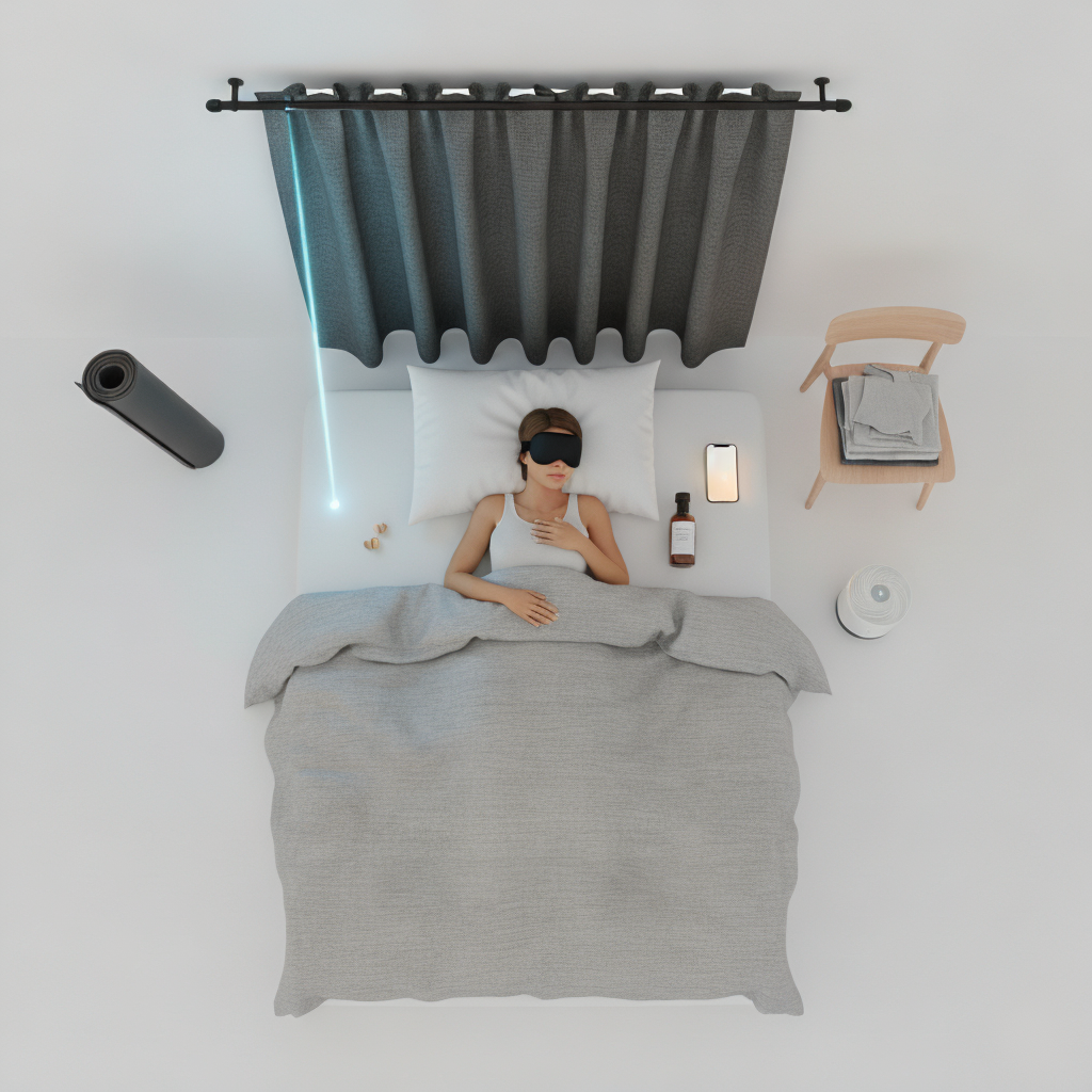 An overhead view of a woman sleeping peacefully in a bed with light-blocking curtains, a sleep mask, and a white noise machine nearby