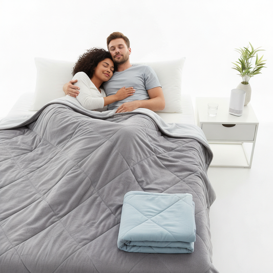 A diverse couple sleeping peacefully under a shared weighted blanket on a bright, white bed