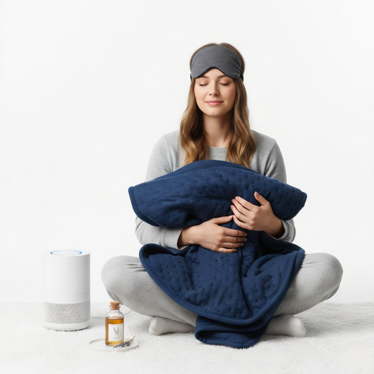 A serene woman with a sleep mask on, hugging a weighted blanket, with a white noise machine and a bottle of lavender oil nearby