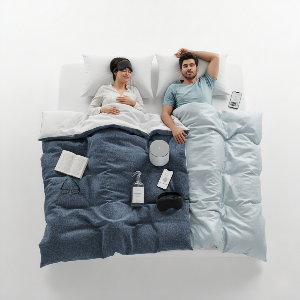 A couple sleeping in a bed with individual sleep solutions.