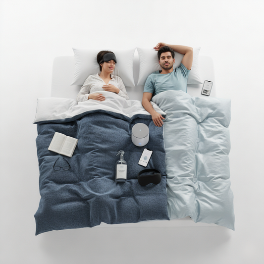 A couple sleeping in a bed with individual sleep solutions.