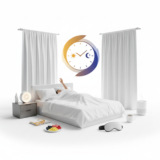 A bright, clean image on a white background depicting a bedroom scene with a person stretching in bed, alongside various sleep optimization tools