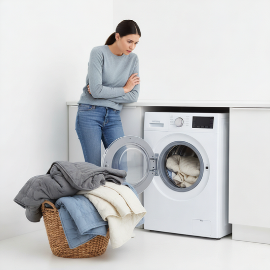 woman looking worried at washing machine with weighted blankets